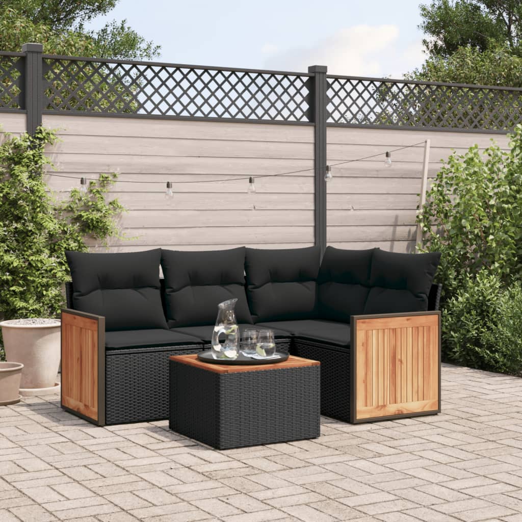 5 Pcs conjunto sofás de jardim com almofadões vime PE preto
