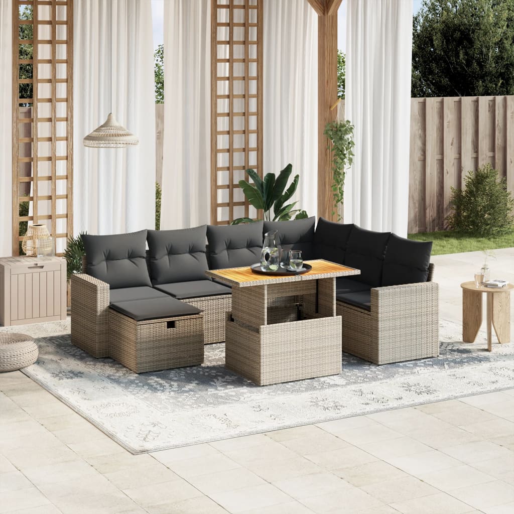 8 Pcs conjunto sofás de jardim c/ almofadões vime PE cinzento