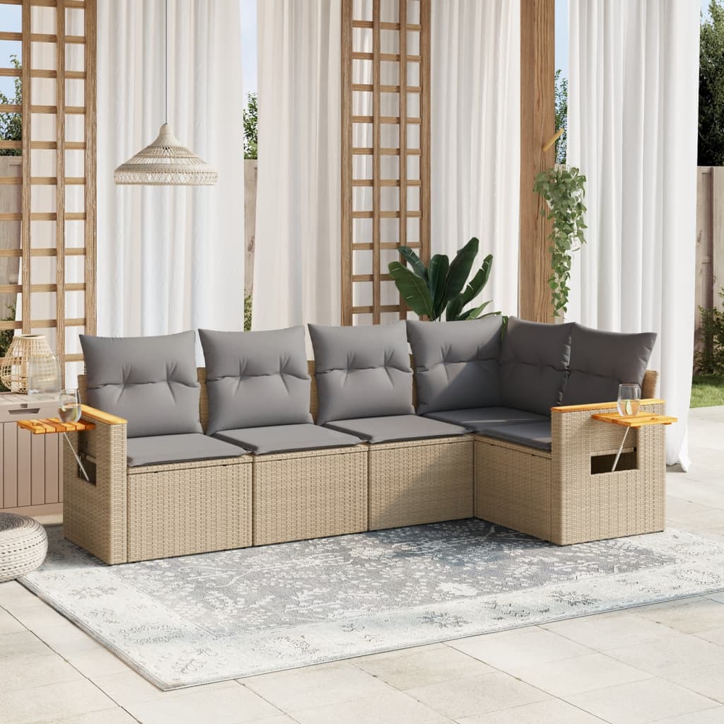 5 Pcs conjunto de sofás p/ jardim com almofadões vime PE bege