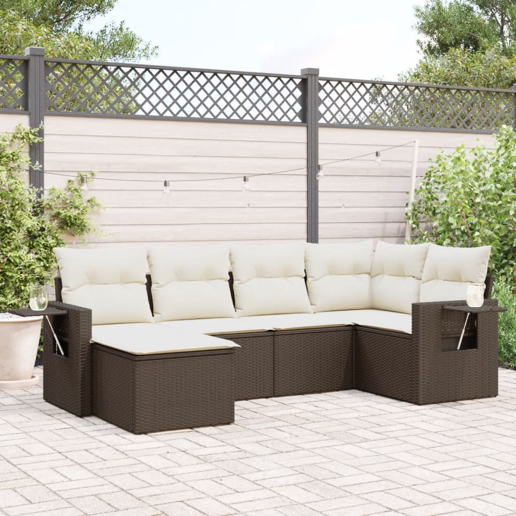 6 Pcs conjunto de sofás jardim c/ almofadões vime PE castanho