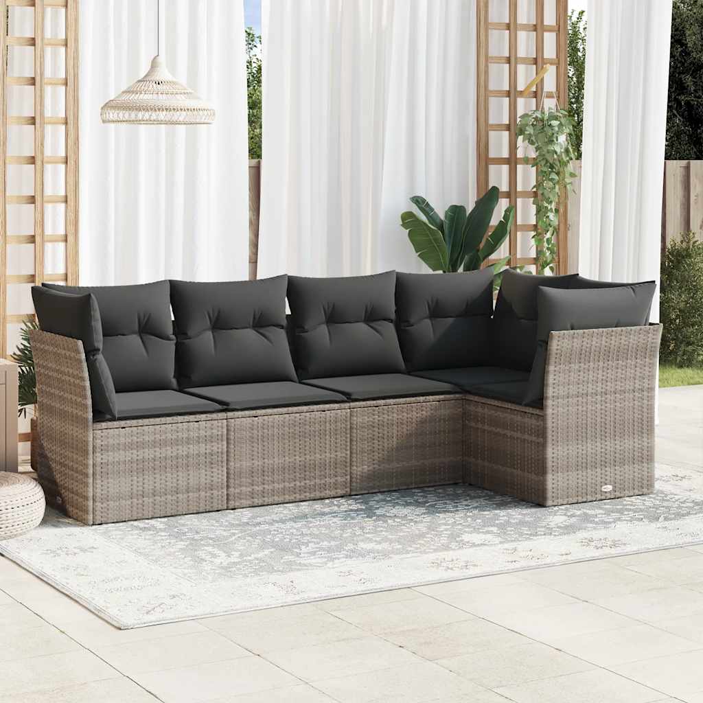 5 Pcs conj. sofás jardim c/ almofadões vime PE cinzento-claro