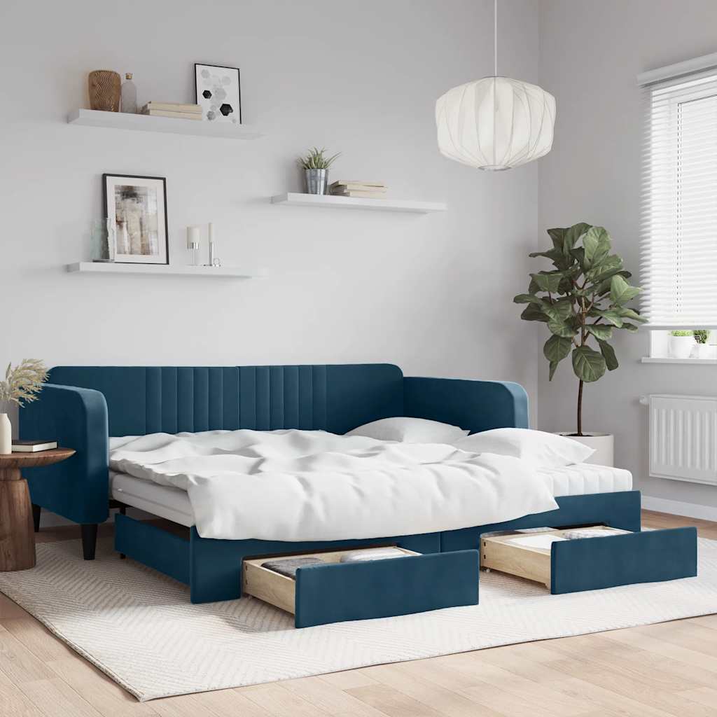 Sofá-cama com gavetão e gavetas 100x200 cm veludo azul
