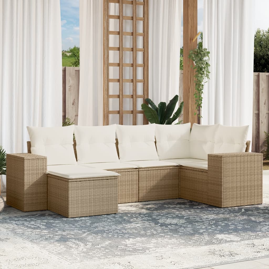 6 Pcs conjunto de sofás p/ jardim com almofadões vime PE bege