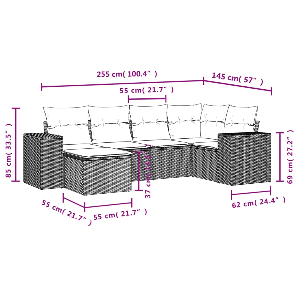 6 Pcs conjunto de sofás p/ jardim com almofadões vime PE bege
