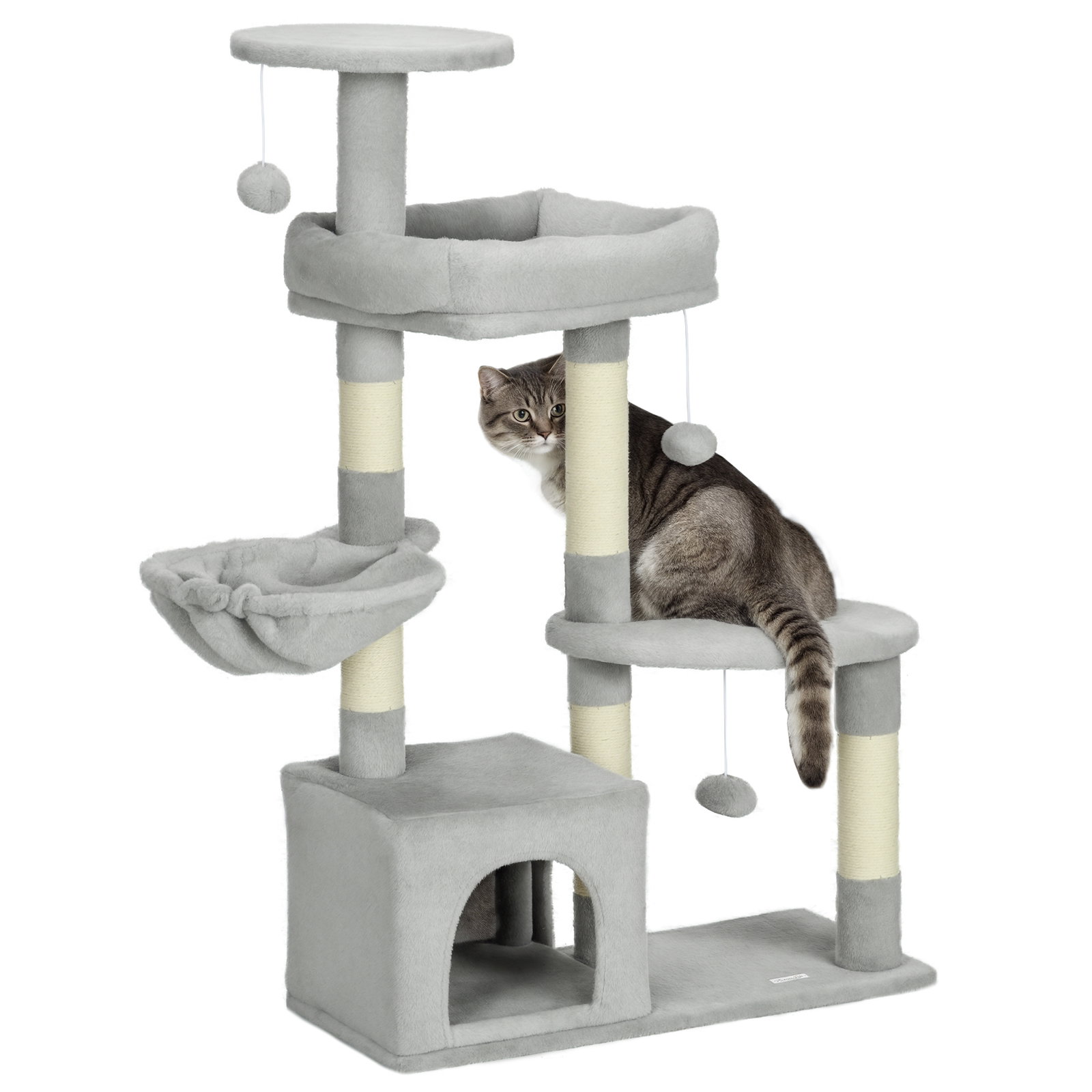 Arranhador para gatos com postes arranhadores de sisal cova plataformas e bolas suspensas 65x30x104 cm cinzento claro
