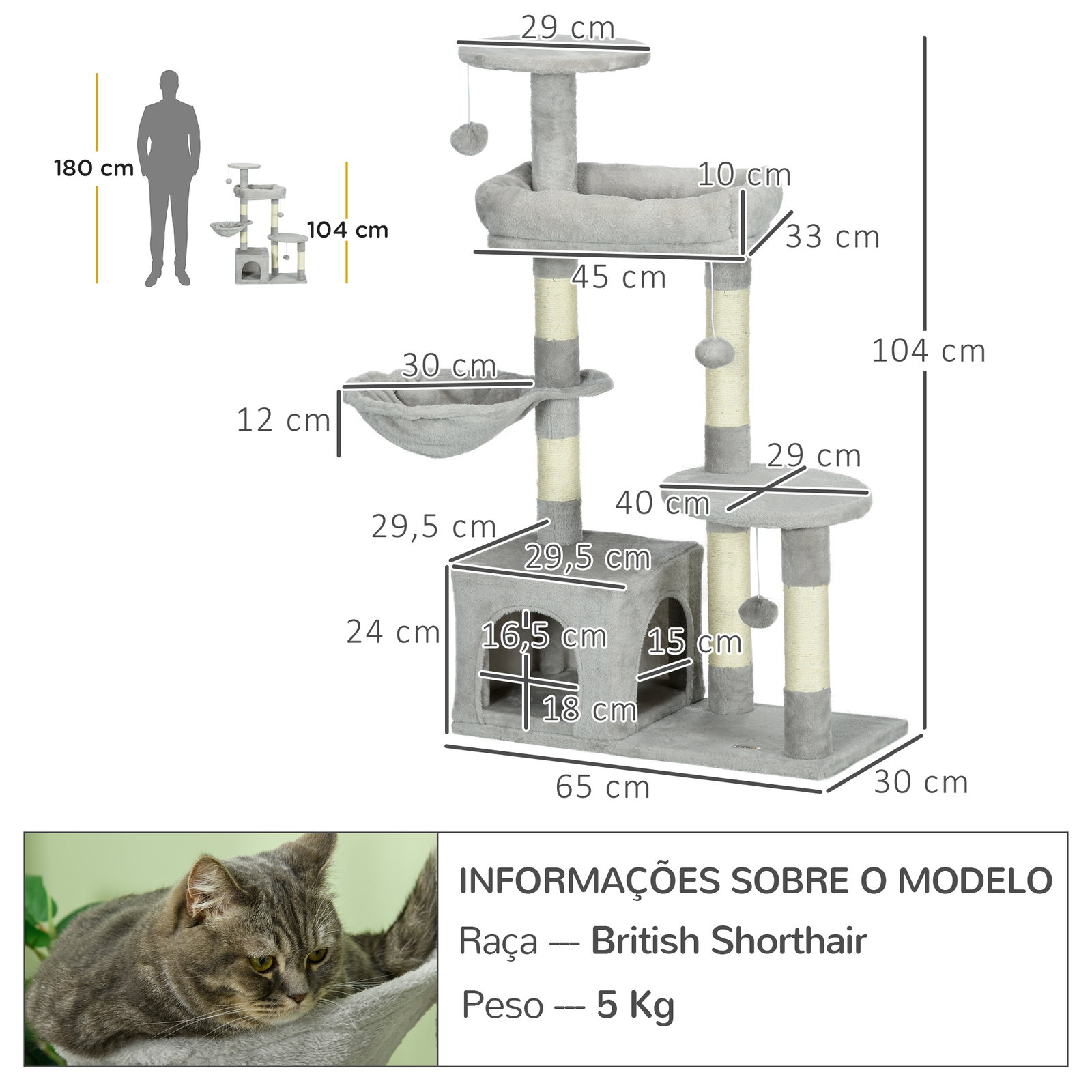 Arranhador para gatos com postes arranhadores de sisal cova plataformas e bolas suspensas 65x30x104 cm cinzento claro