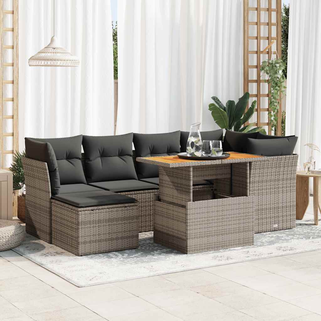 7 Pcs conjunto sofás p/ jardim c/ almofadões vime PE cinzento