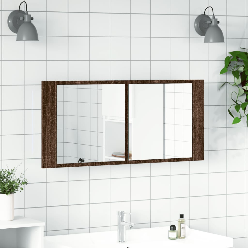 Armário espelhado wc c/ luz LED 100x12x45cm carvalho castanho