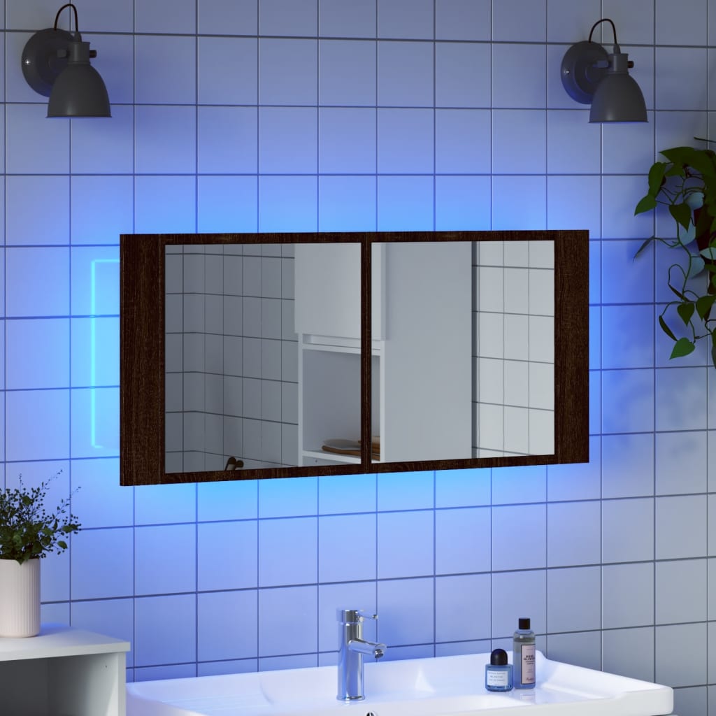 Armário espelhado wc c/ luz LED 100x12x45cm carvalho castanho