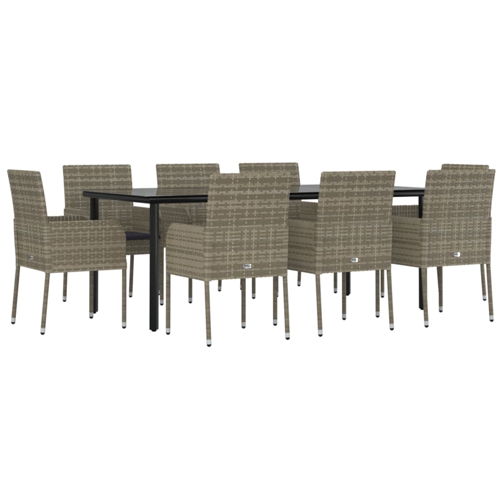 9 Pcs conjunto jantar jardim c/ almofadões vime PE preto/cinza