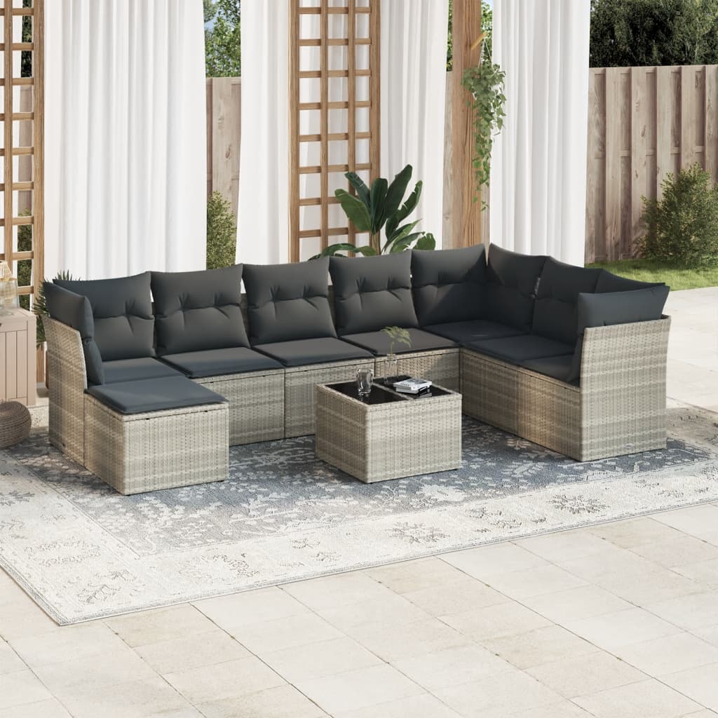 9 Pcs conj. sofás jardim com almofadões vime PE cinzento-claro