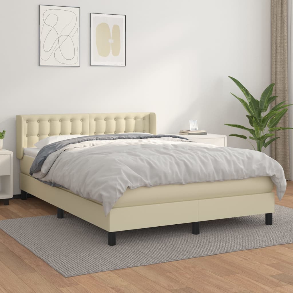 Cama com molas/colchão 140x190 cm couro artificial cor creme