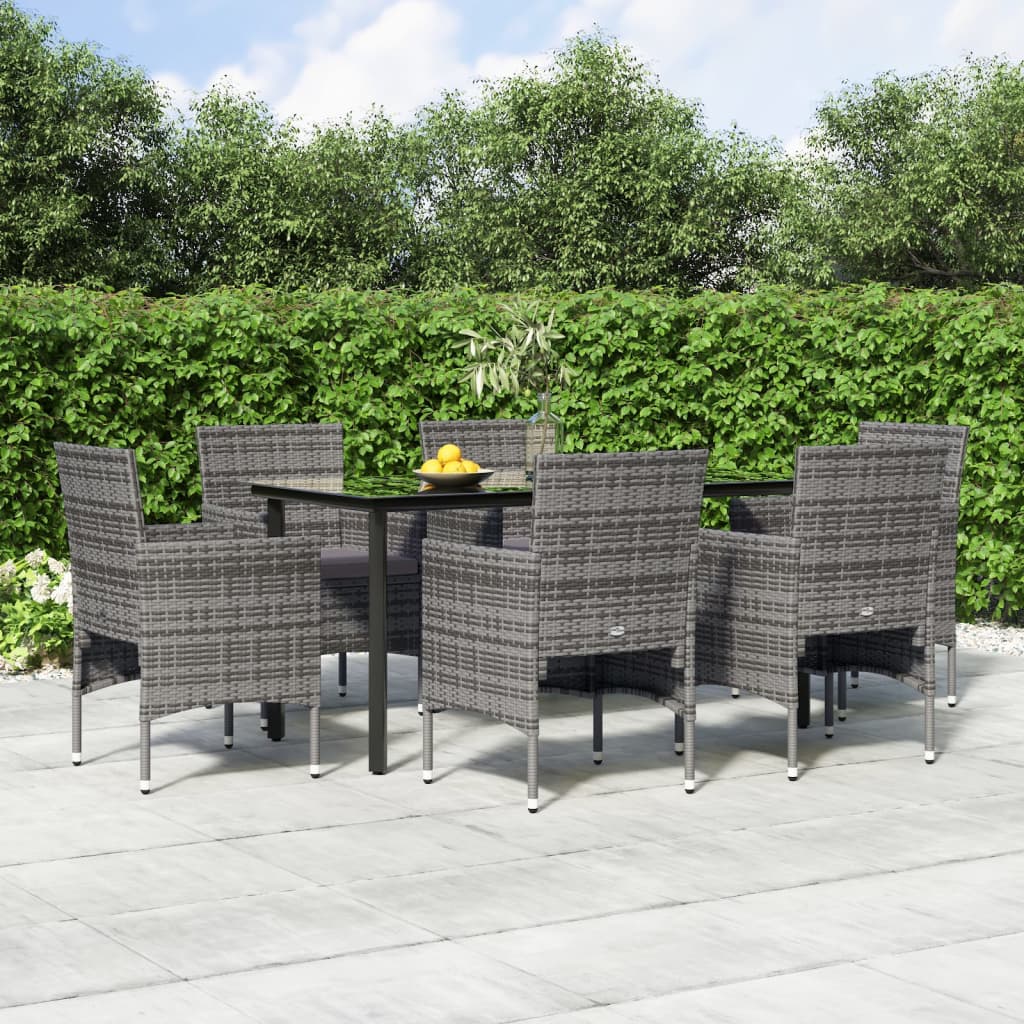 7 Pcs conjunto de jantar p/ jardim c/ almofadões cinza e preto