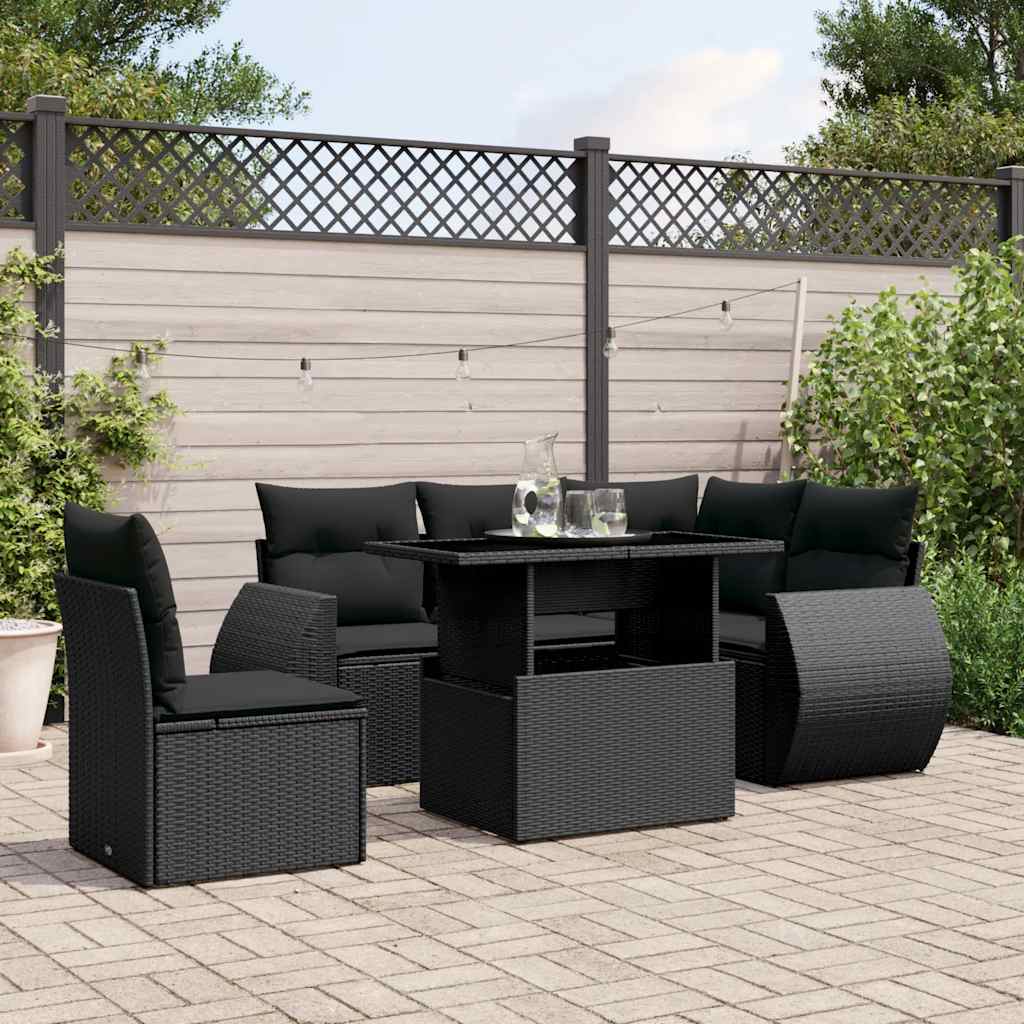 6 Pcs conjunto sofás de jardim c/ almofadões vime PE preto