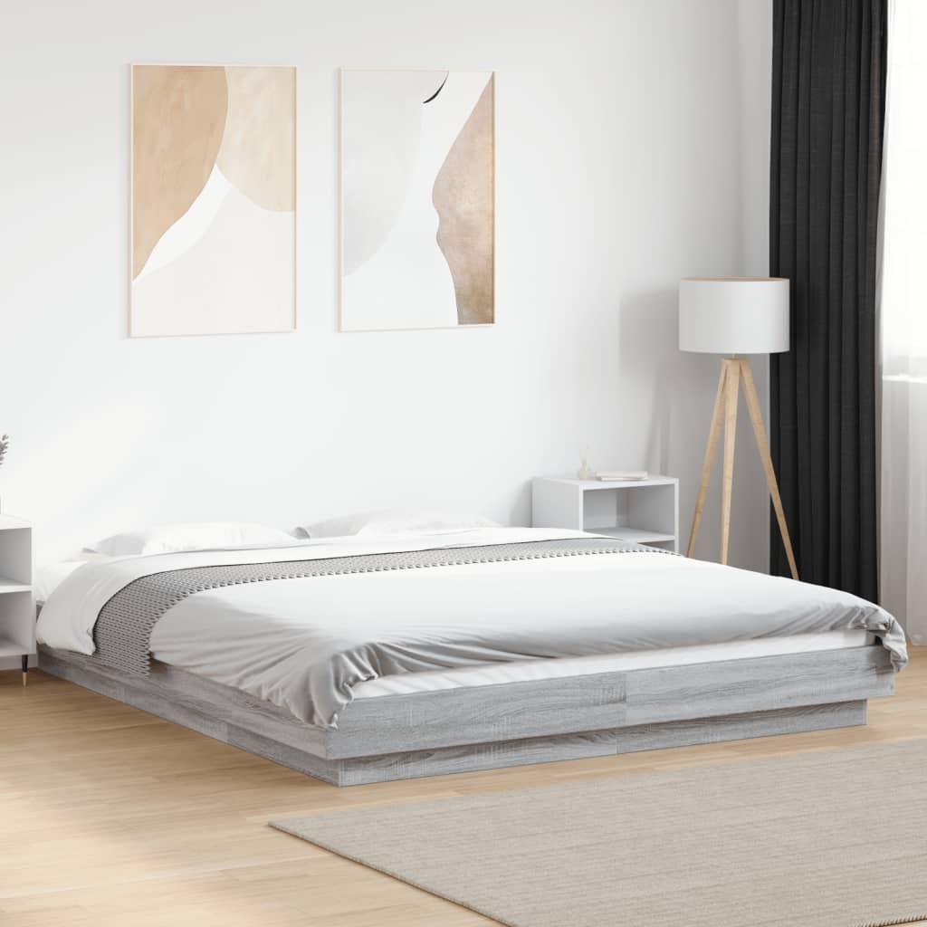Estrutura de cama c/ luzes LED derivados madeira cinza sonoma