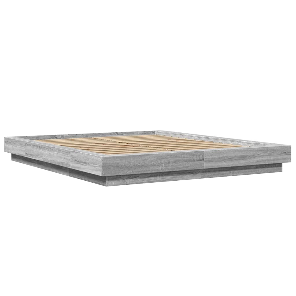 Estrutura de cama c/ luzes LED derivados madeira cinza sonoma