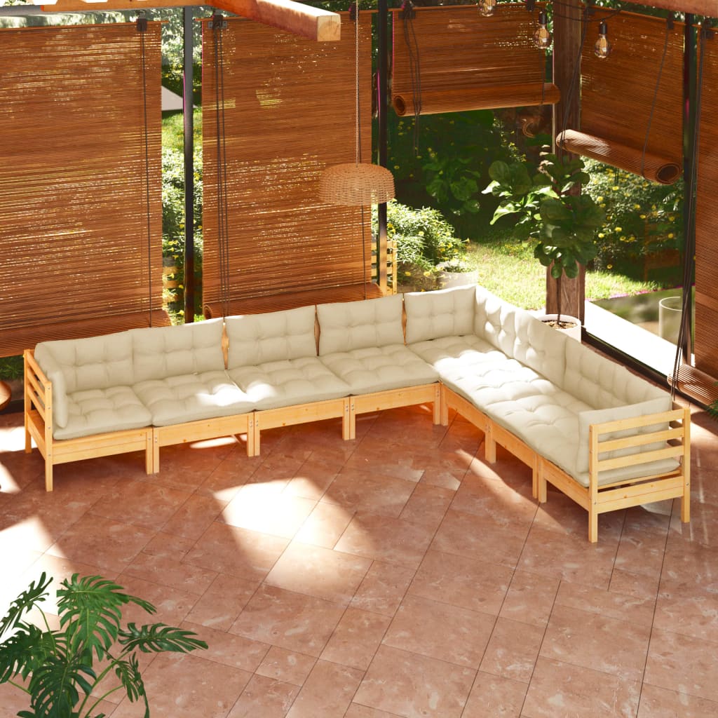 8 Pcs conjunto lounge jardim c/ almofadões creme pinho maciço