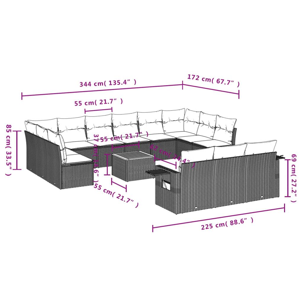 14 Pcs conjunto de sofás p/ jardim c/ almofadões vime PE preto