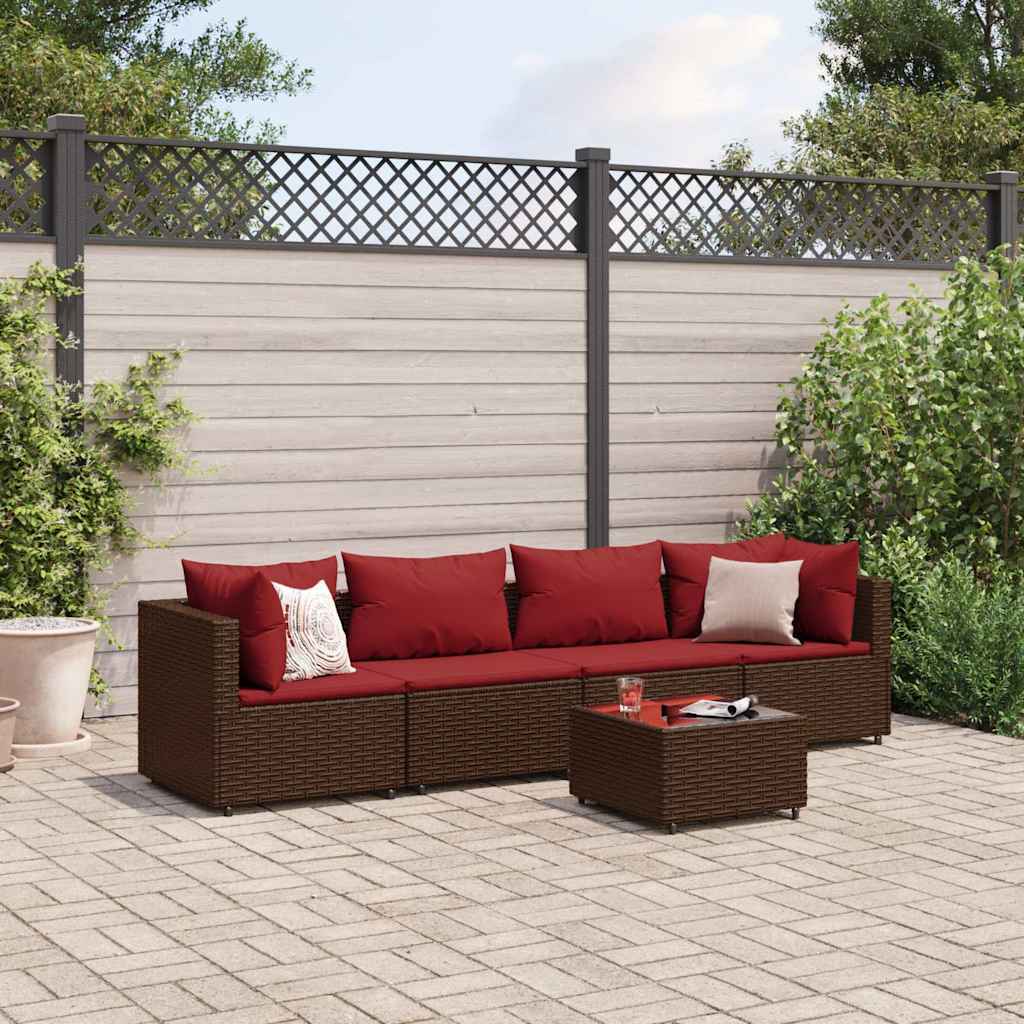 5 Pcs conjunto lounge jardim c/ almofadões vime PE castanho