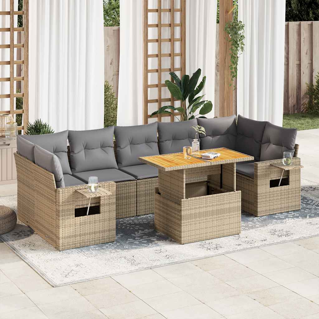 8 Pcs conjunto de sofás p/ jardim com almofadões vime PE bege