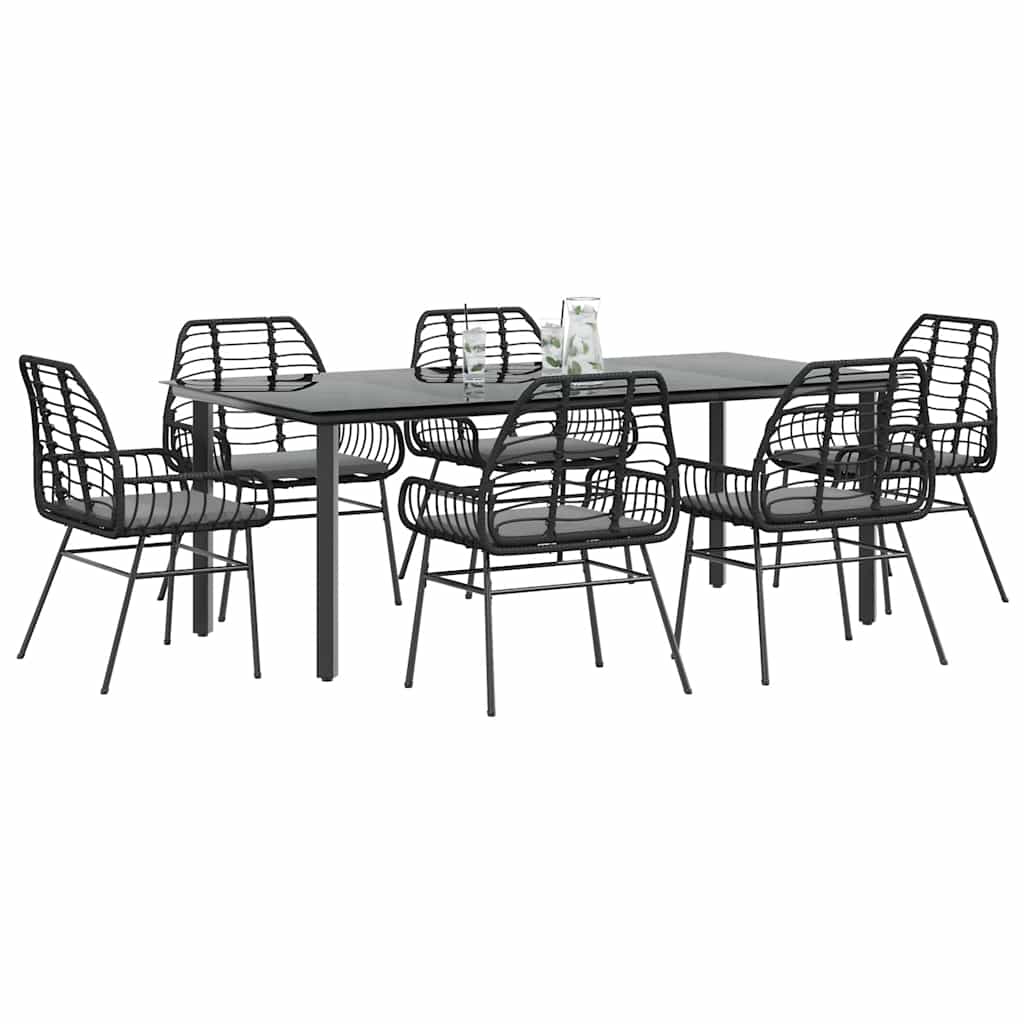 Conjunto de jantar jardim 7 peças almofadas vidro vime PE preto