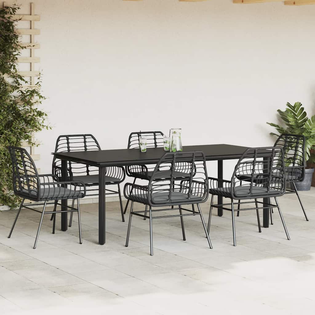 Conjunto de jantar jardim 7 peças almofadas vidro vime PE preto