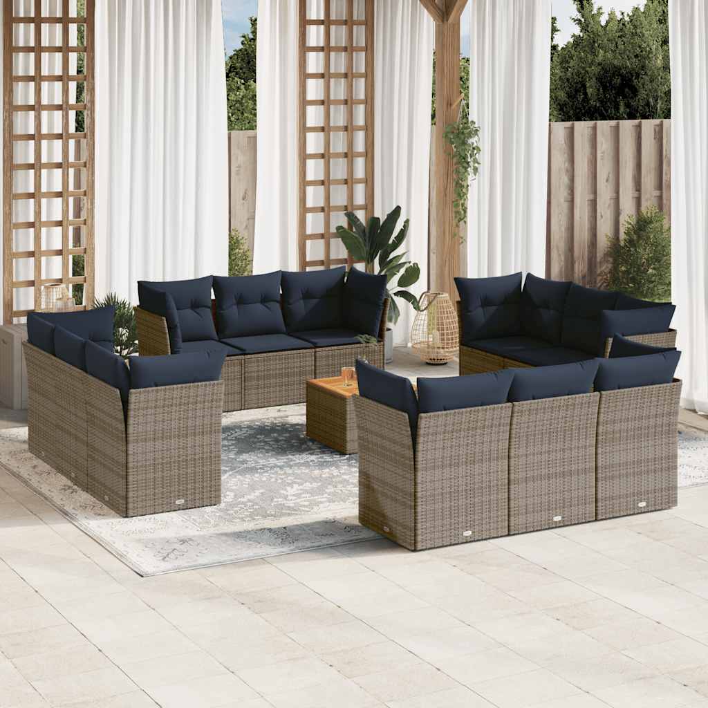 13 Pcs conjunto sofás p/ jardim c/ almofadões vime PE cinzento