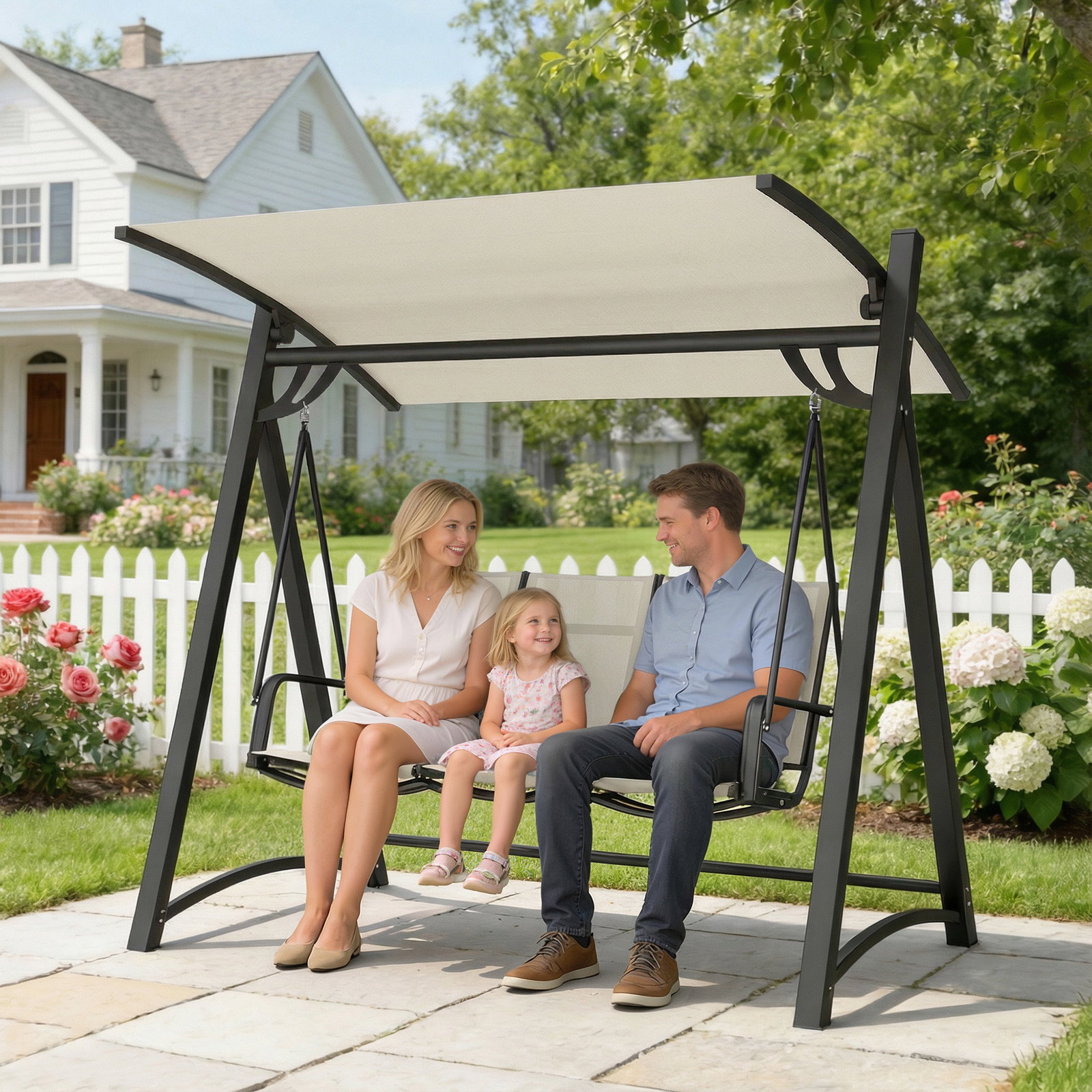 Baloiço de jardim de 3 lugares com teto ajustável upf50+ assento transpirável e estrutura em metal 188x130x183 cm creme