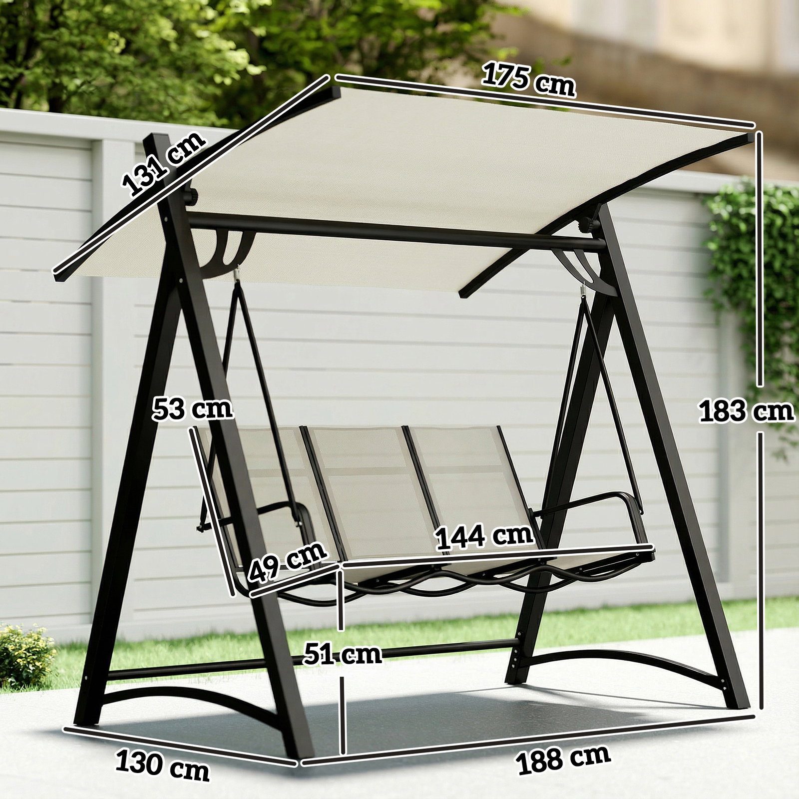 Baloiço de jardim de 3 lugares com teto ajustável upf50+ assento transpirável e estrutura em metal 188x130x183 cm creme
