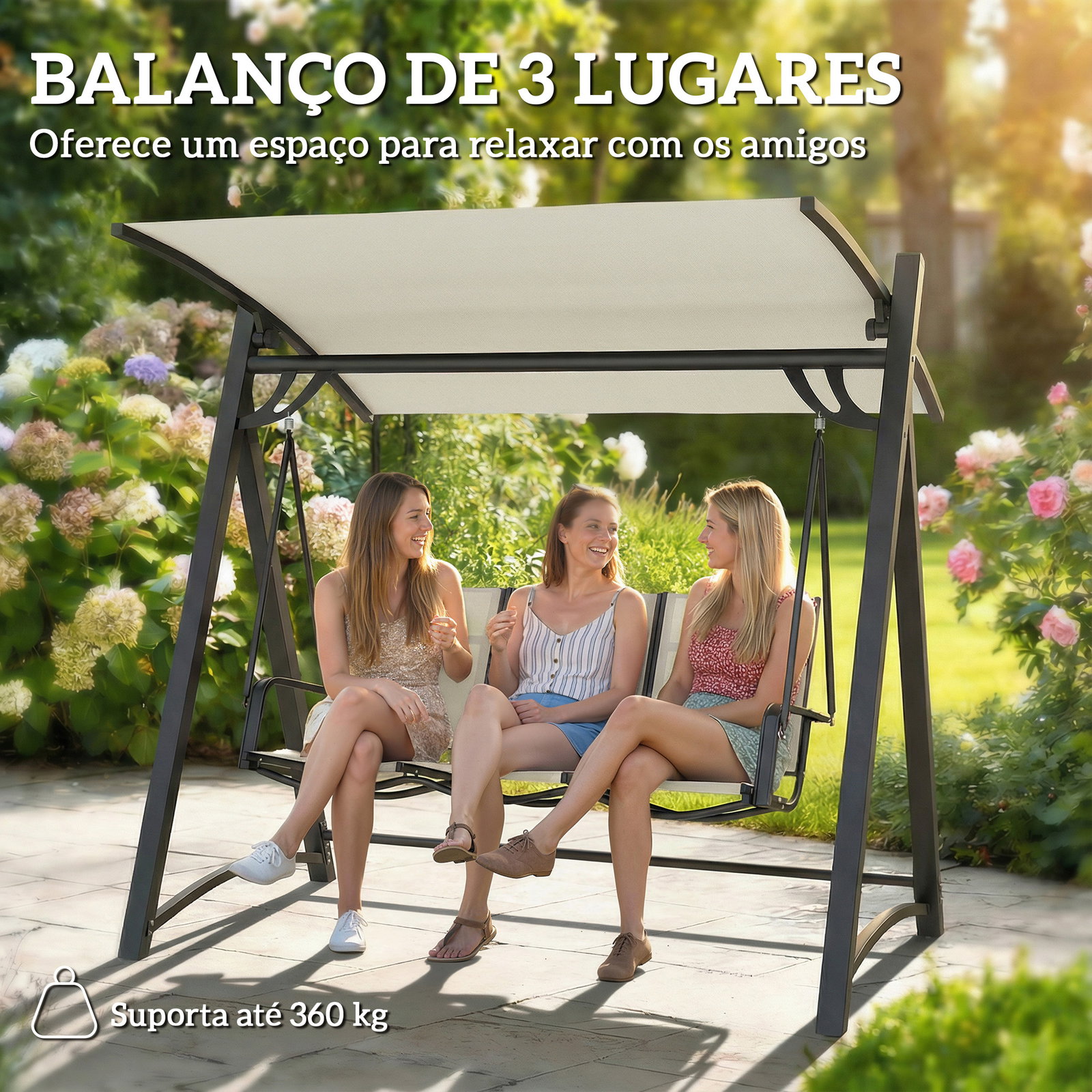 Baloiço de jardim de 3 lugares com teto ajustável upf50+ assento transpirável e estrutura em metal 188x130x183 cm creme