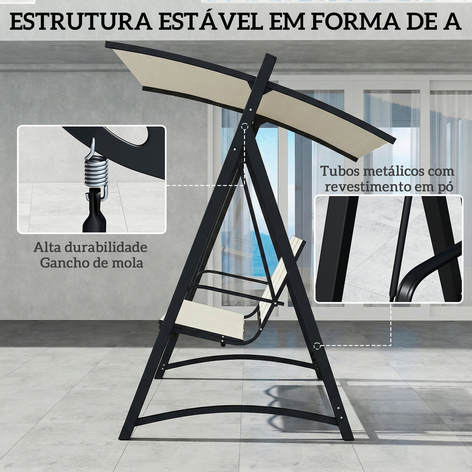 Baloiço de jardim de 3 lugares com teto ajustável upf50+ assento transpirável e estrutura em metal 188x130x183 cm creme