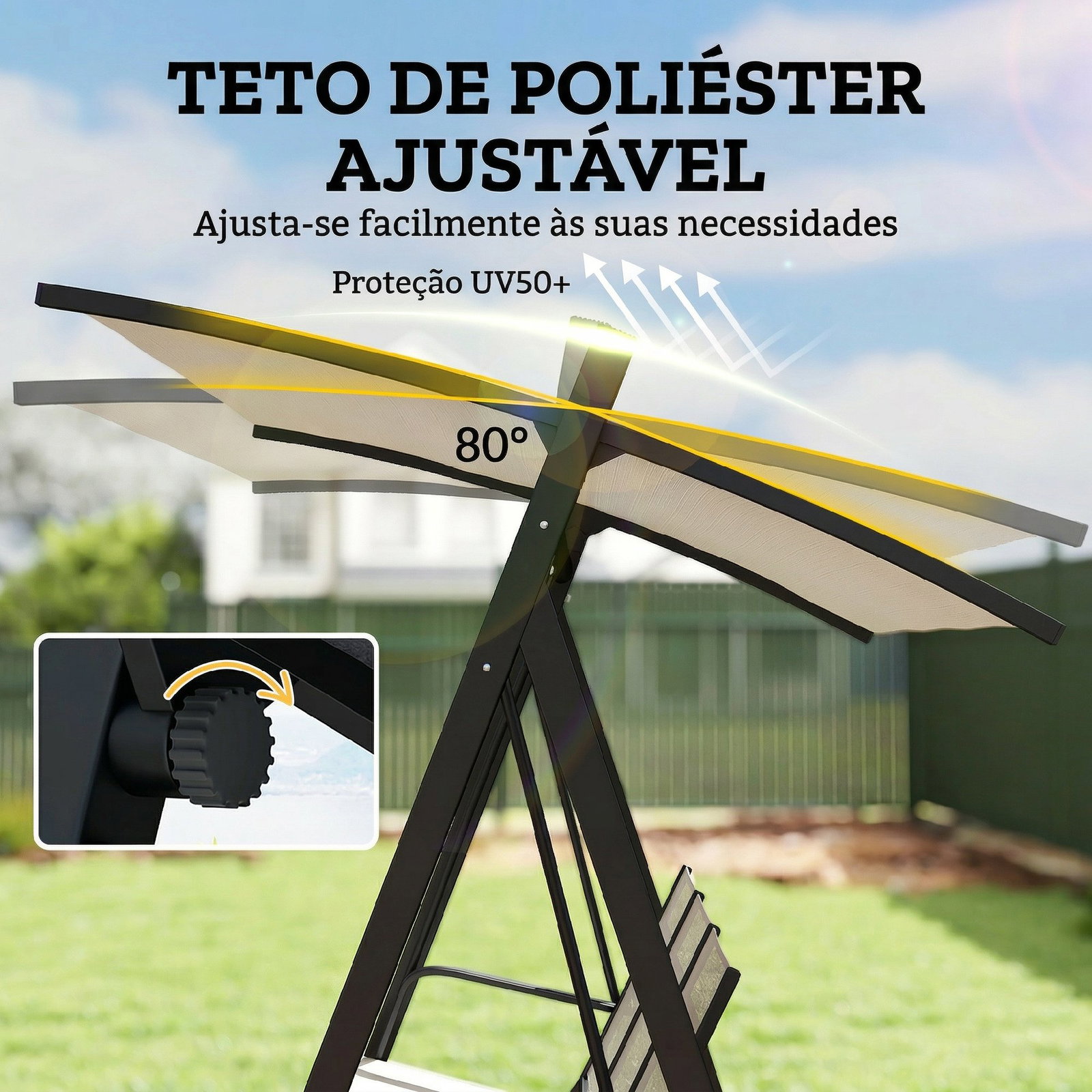 Baloiço de jardim de 3 lugares com teto ajustável upf50+ assento transpirável e estrutura em metal 188x130x183 cm creme