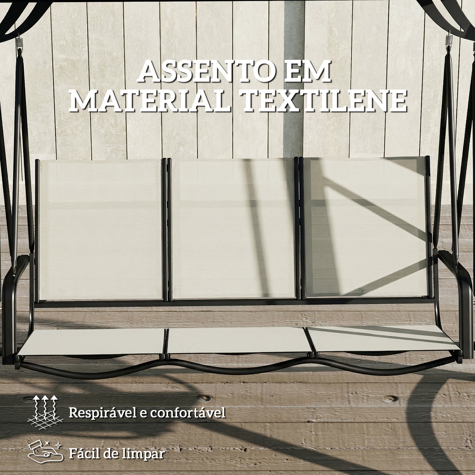 Baloiço de jardim de 3 lugares com teto ajustável upf50+ assento transpirável e estrutura em metal 188x130x183 cm creme