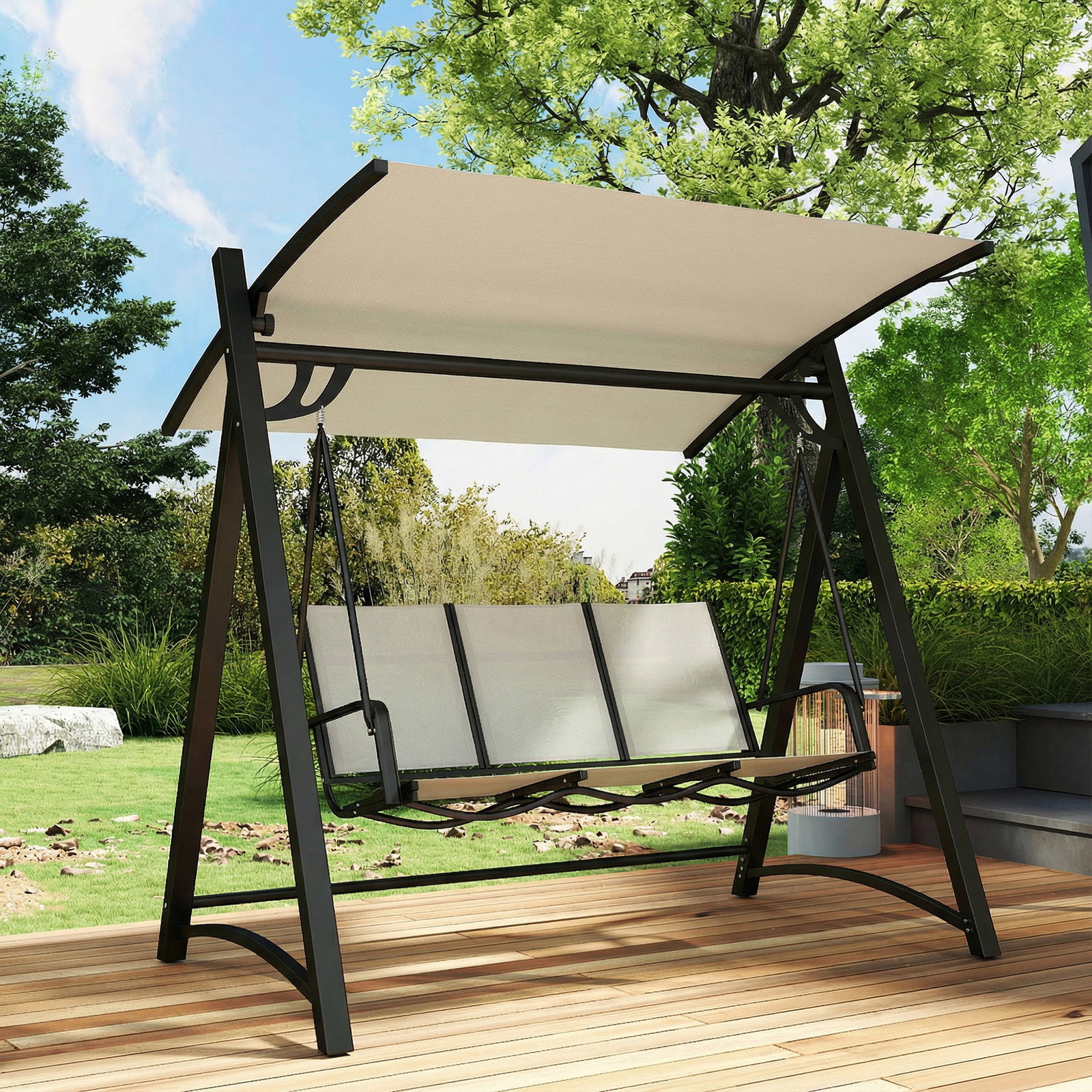 Baloiço de jardim de 3 lugares com teto ajustável upf50+ assento transpirável e estrutura em metal 188x130x183 cm creme