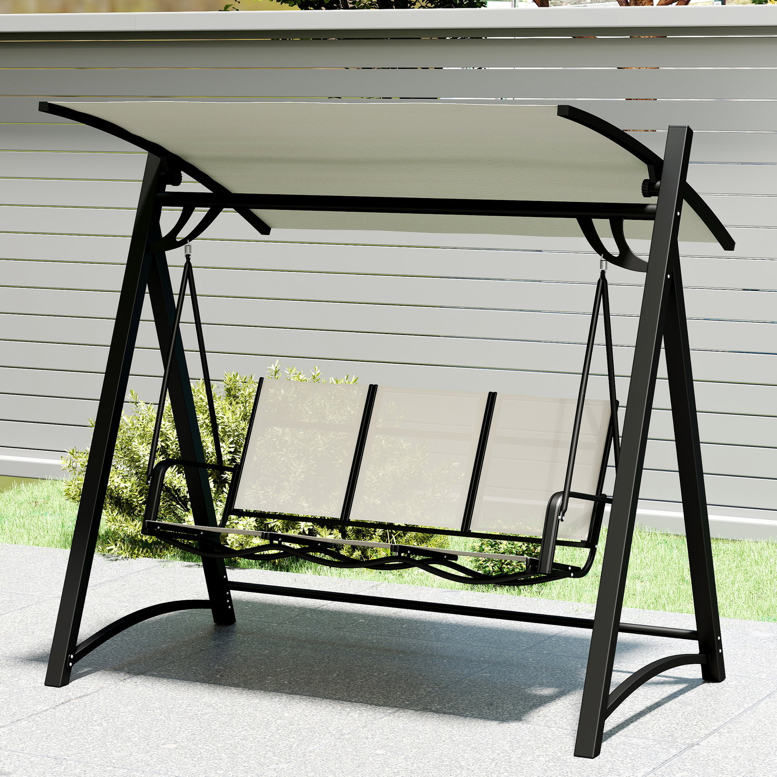 Baloiço de jardim de 3 lugares com teto ajustável upf50+ assento transpirável e estrutura em metal 188x130x183 cm creme