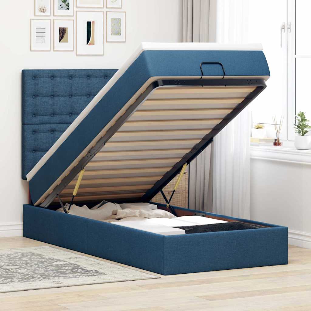 Estrutura de cama otomana com colchão tecido azul 90x190cm