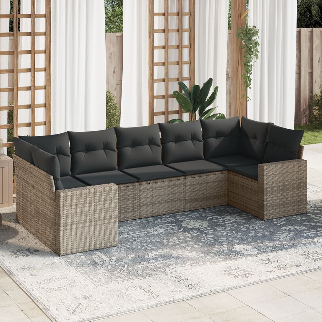 7 Pcs conjunto sofás p/ jardim c/ almofadões vime PE cinzento