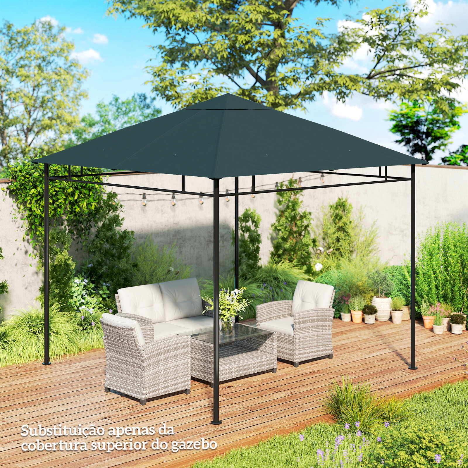 Toldo de Substituição de 3x3m para Pérgola de Jardim com 8 Orifícios de Drenagem e Ventilação Cinza