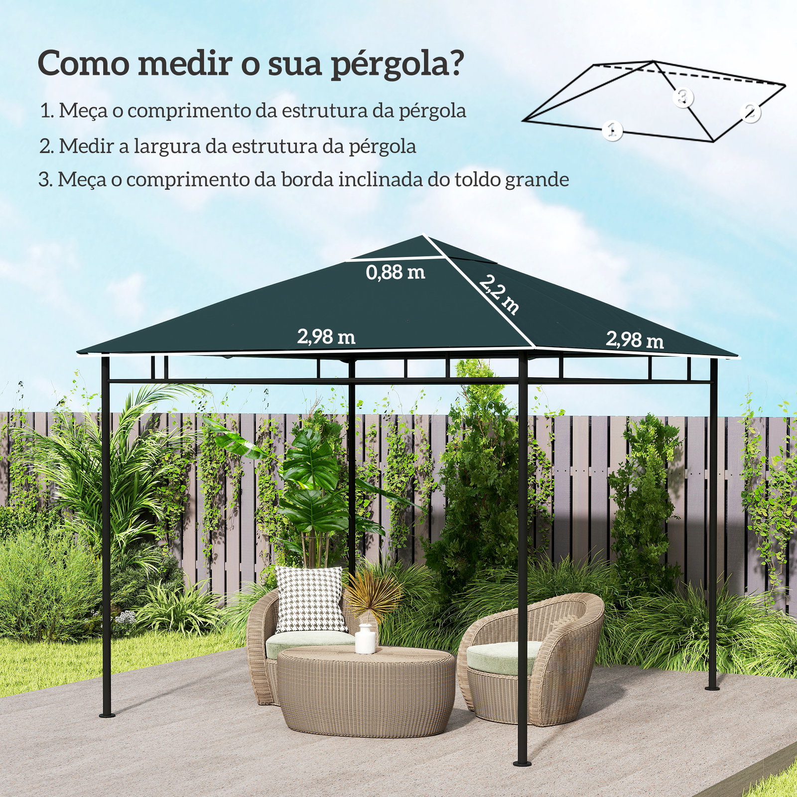 Toldo de Substituição de 3x3m para Pérgola de Jardim com 8 Orifícios de Drenagem e Ventilação Cinza
