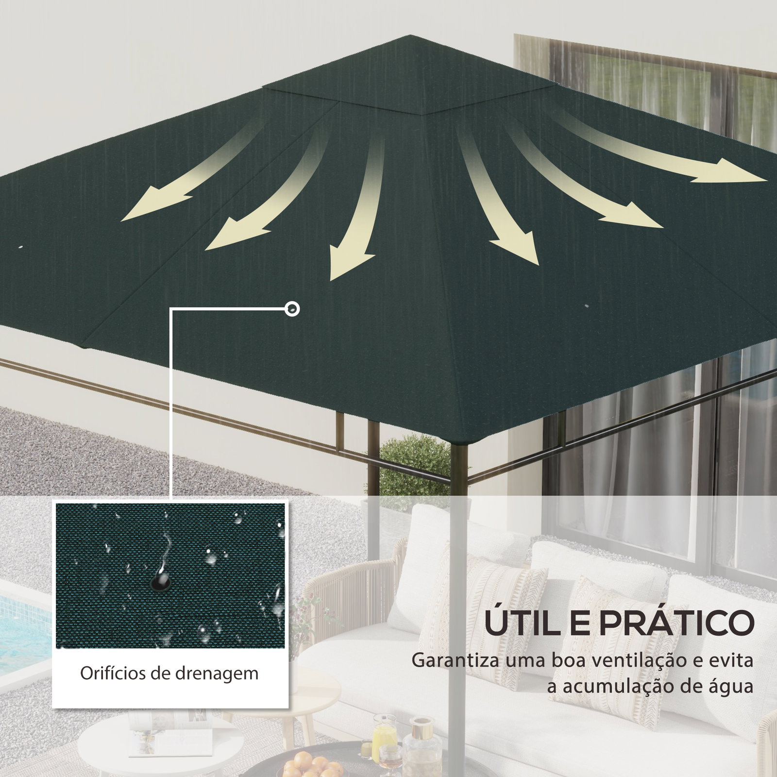 Toldo de Substituição de 3x3m para Pérgola de Jardim com 8 Orifícios de Drenagem e Ventilação Cinza