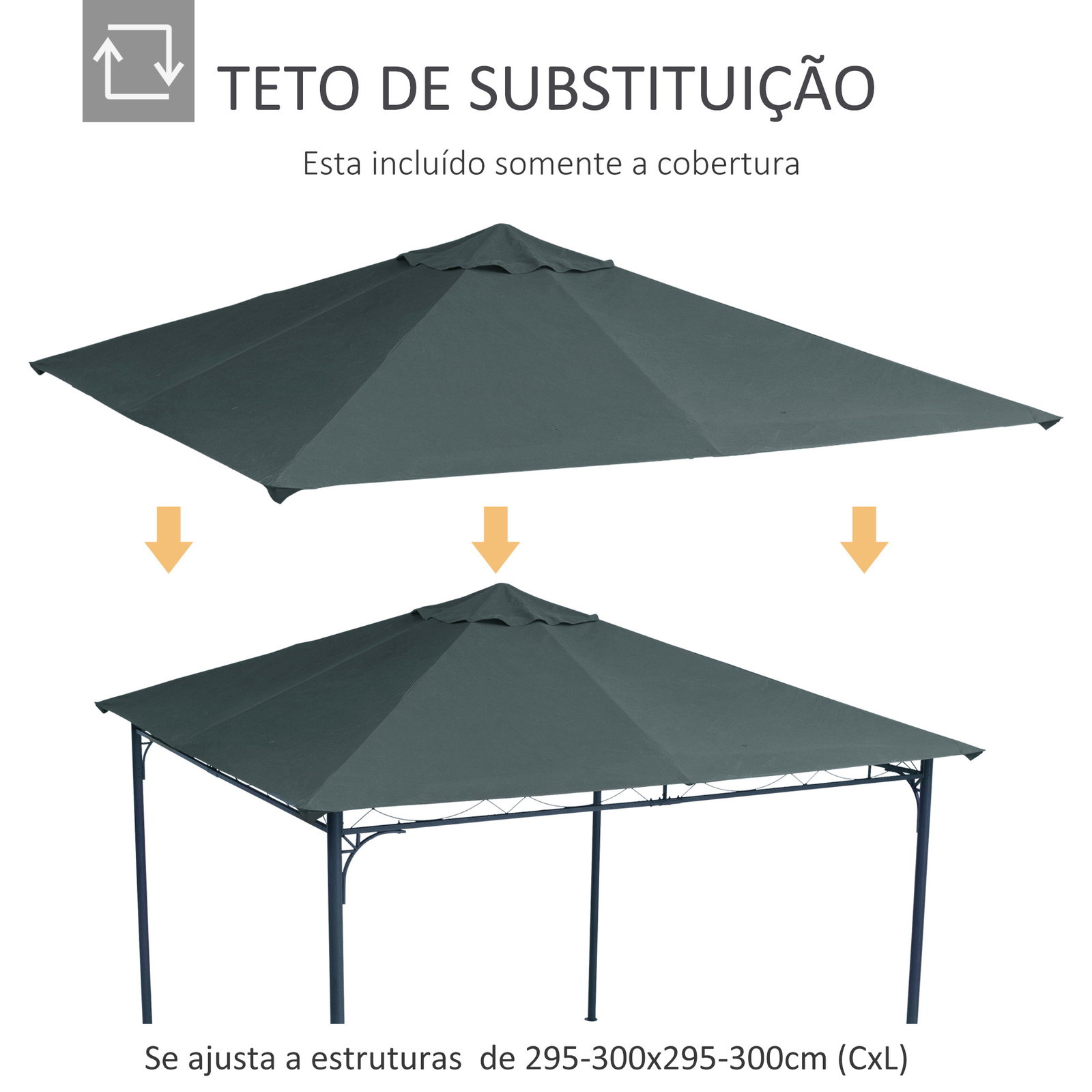 Toldo de Substituição de 3x3m para Pérgola de Jardim com 8 Orifícios de Drenagem e Ventilação Cinza