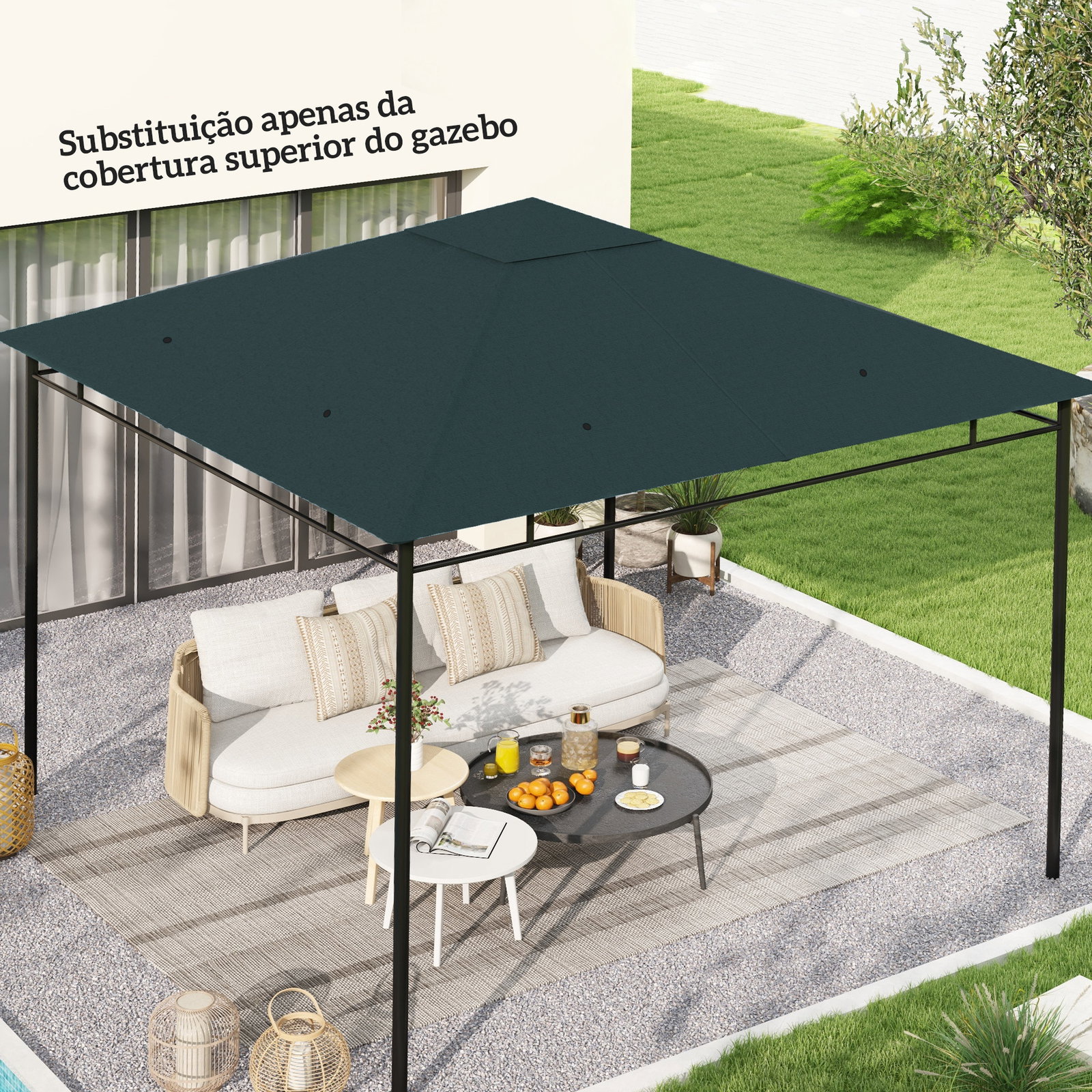Toldo de Substituição de 3x3m para Pérgola de Jardim com 8 Orifícios de Drenagem e Ventilação Cinza