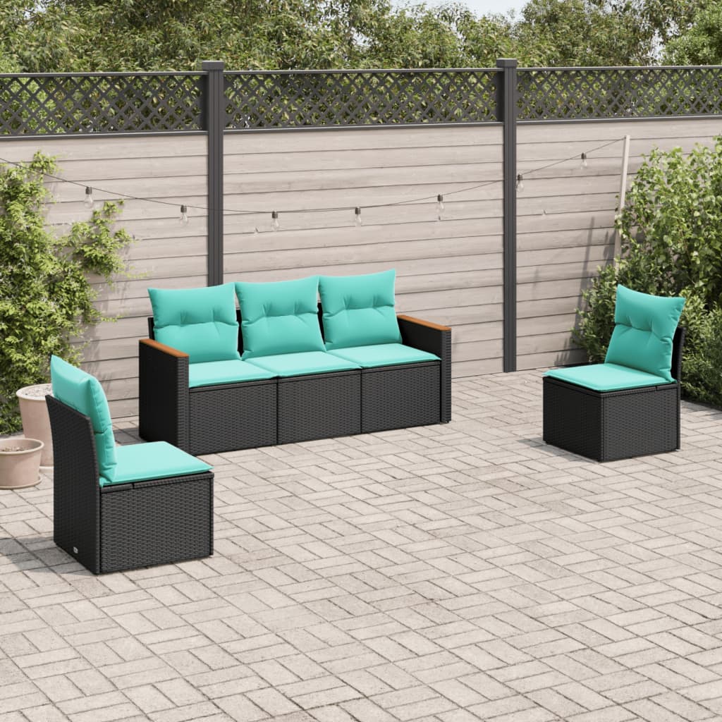 Conjunto de sofá de jardim de 5 peças com almofadas em rattan sintético preto