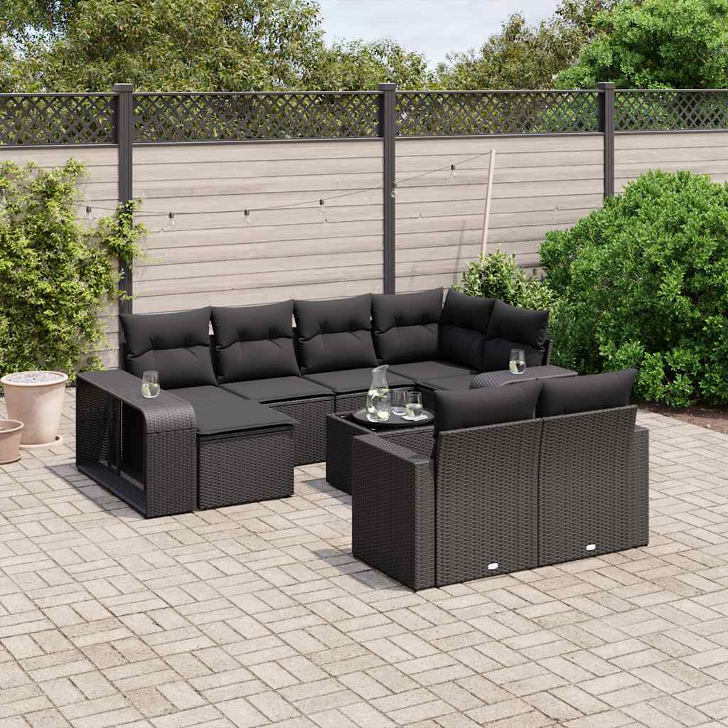 11 Pcs conjunto sofás de jardim c/ almofadões vime PE preto