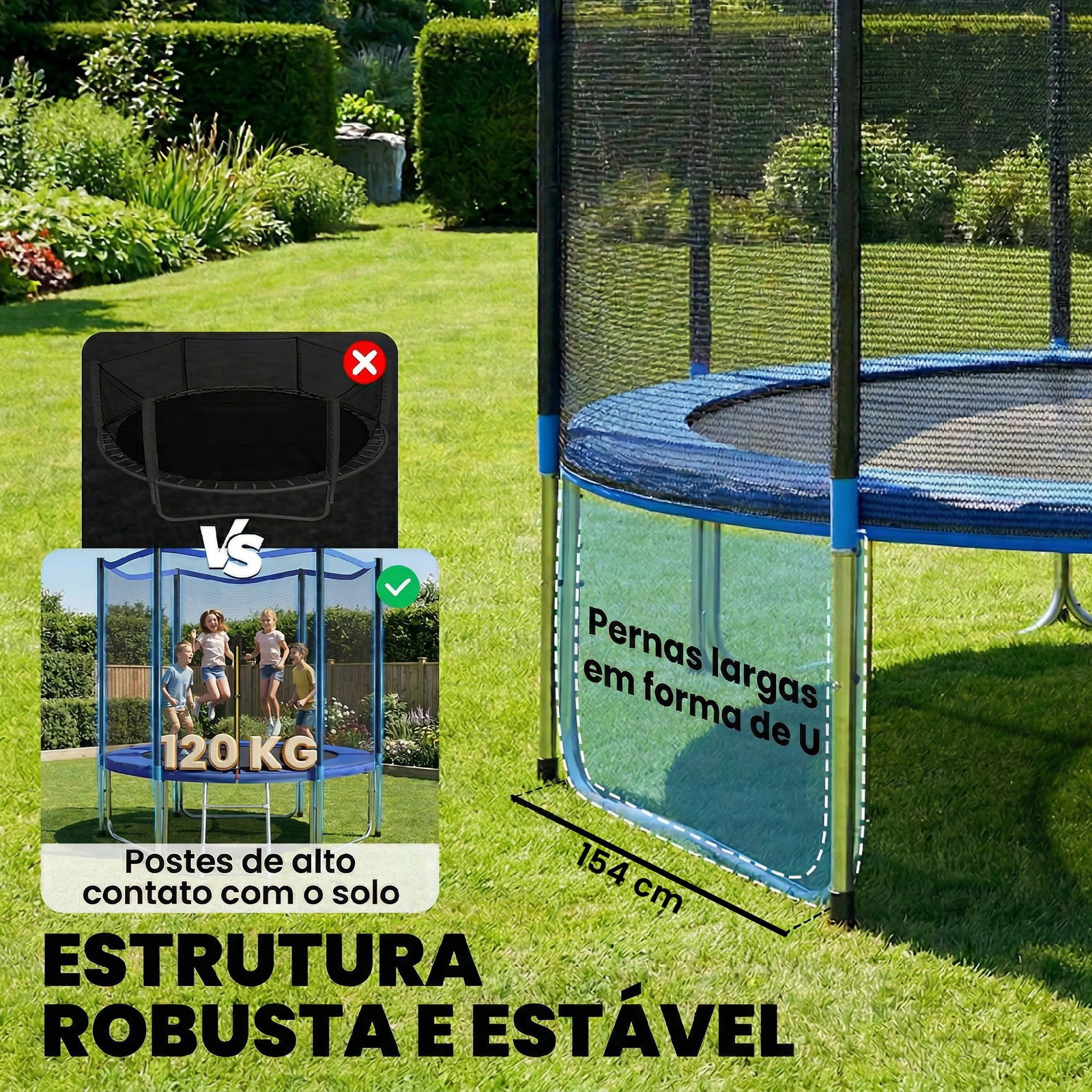 Trampolim para crianças exterior ø305 cm com rede de segurança escada acolchoamento de molas azul