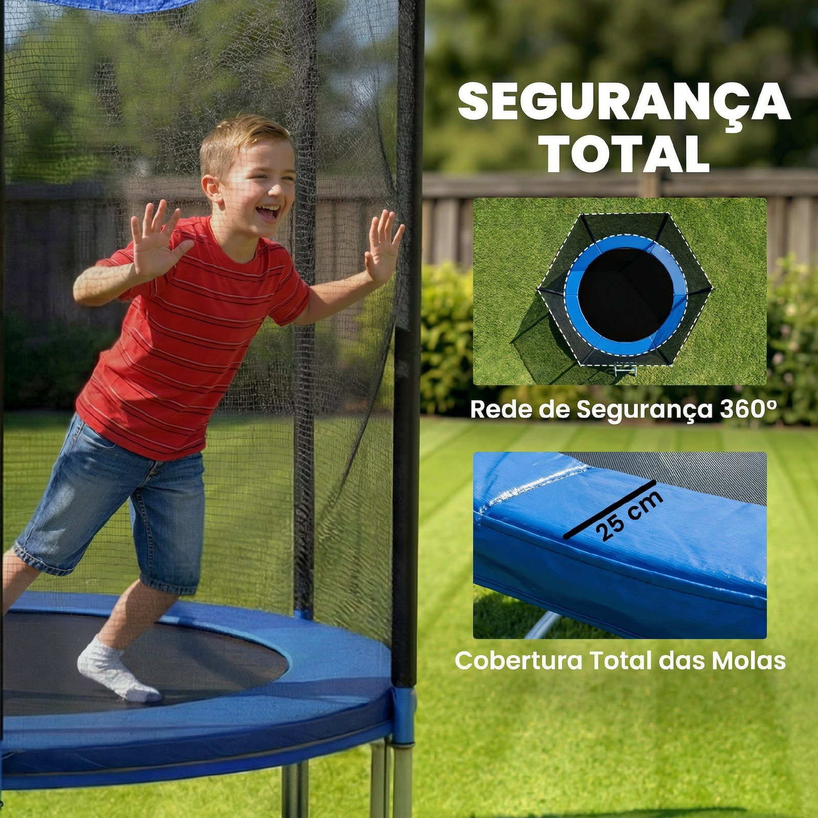 Trampolim para crianças exterior ø305 cm com rede de segurança escada acolchoamento de molas azul
