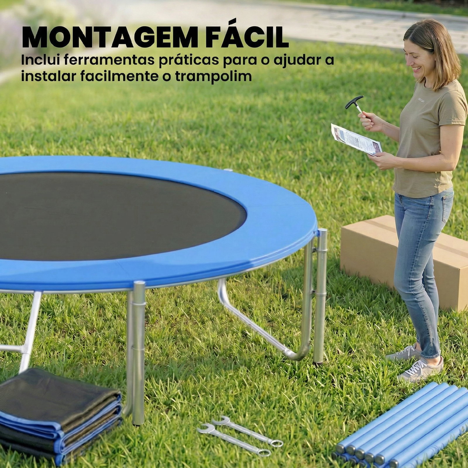 Trampolim para crianças exterior ø305 cm com rede de segurança escada acolchoamento de molas azul