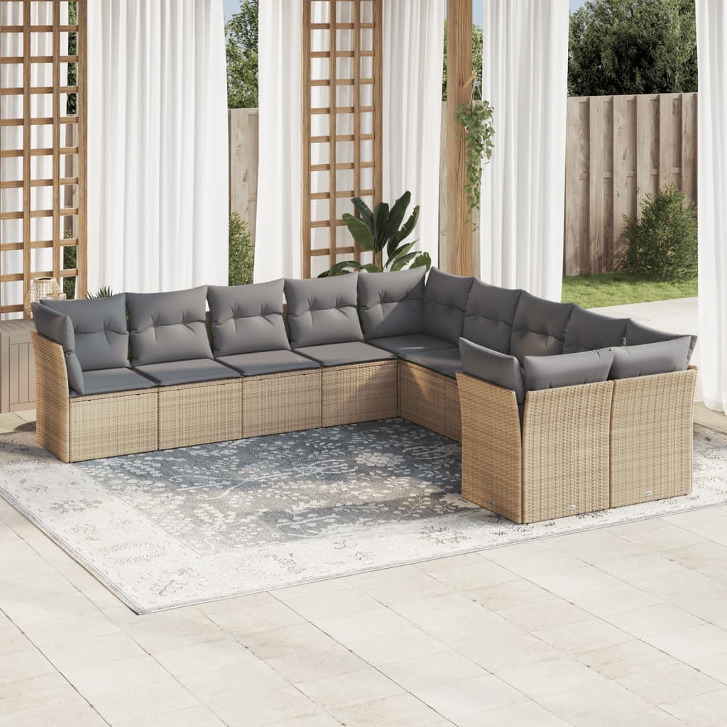 10 Pcs conjunto de sofás p/ jardim com almofadões vime PE bege