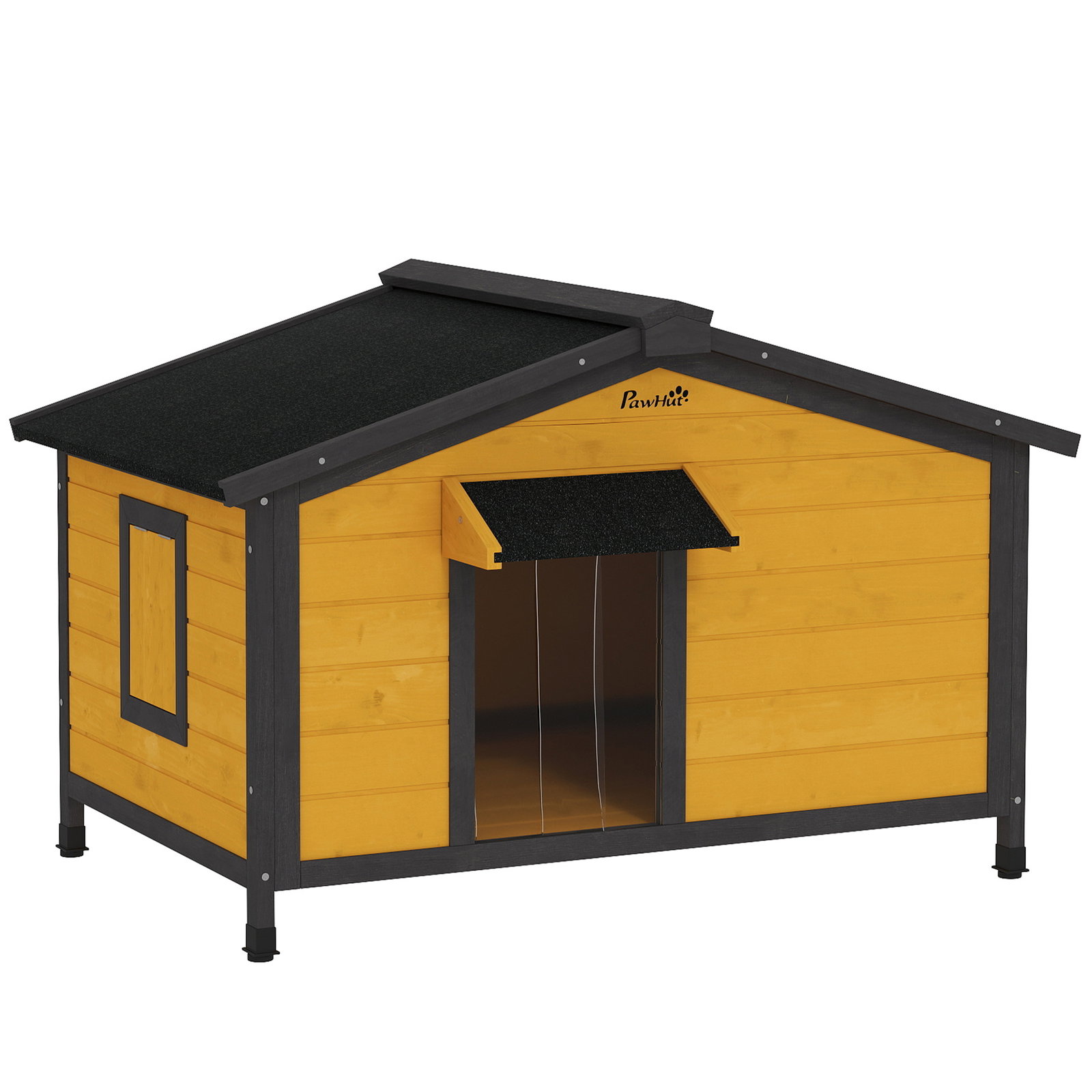 Casa para cães de madeira casa para animais de estimação com teto asfáltico 2 janelas porta com cortina 97x72x65 cm madeira