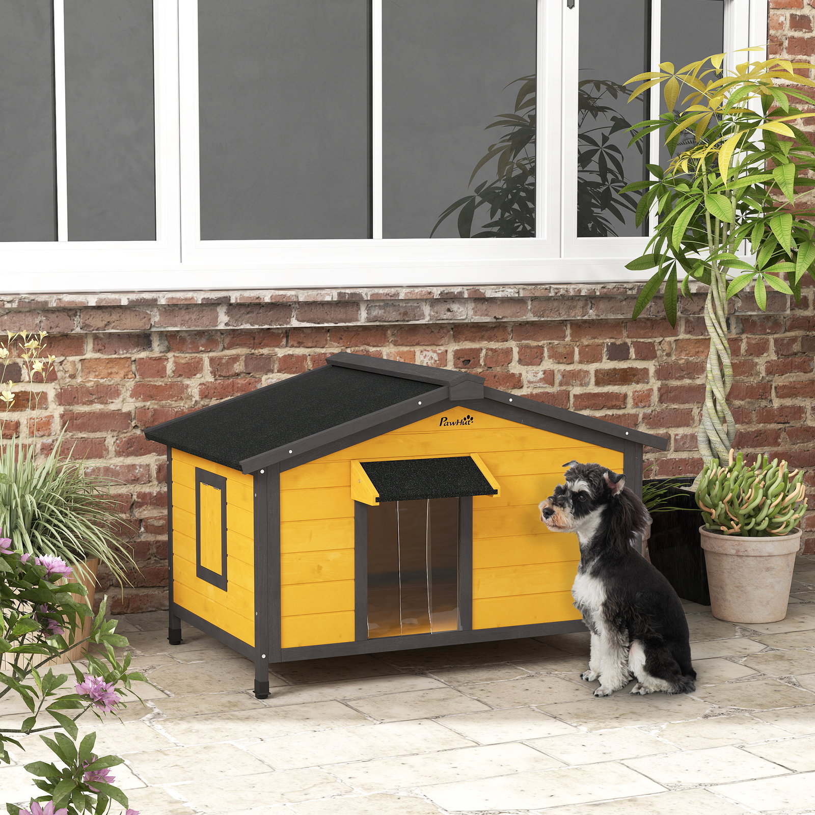 Casa para cães de madeira casa para animais de estimação com teto asfáltico 2 janelas porta com cortina 97x72x65 cm madeira
